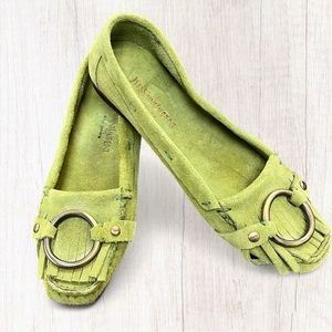 EUC YSL Green Suede Moccasin Flats with Btonze Metal detail - EU Size 38